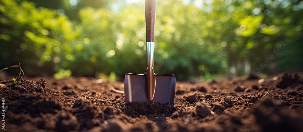 Poster gardening tool being used to shovel soil outdoors creating ample space for text in the image