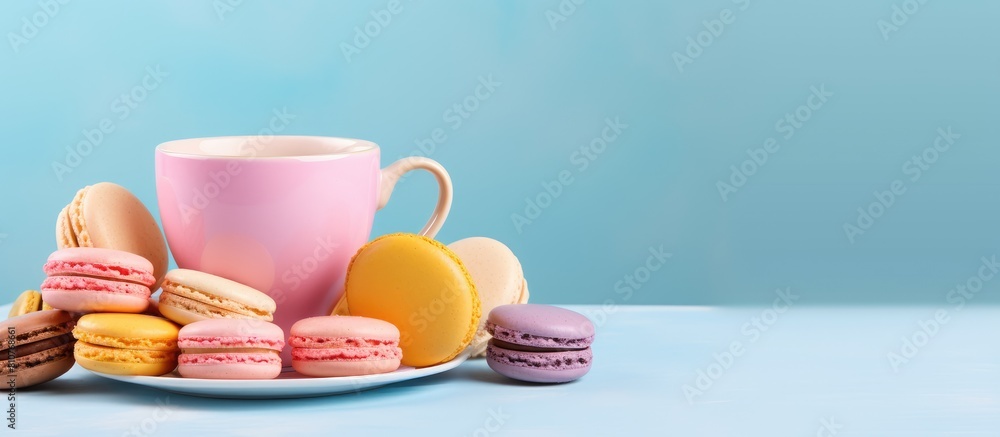 Poster a copy space image featuring a vibrant assortment of colorful macaroons in shades of pink yellow and