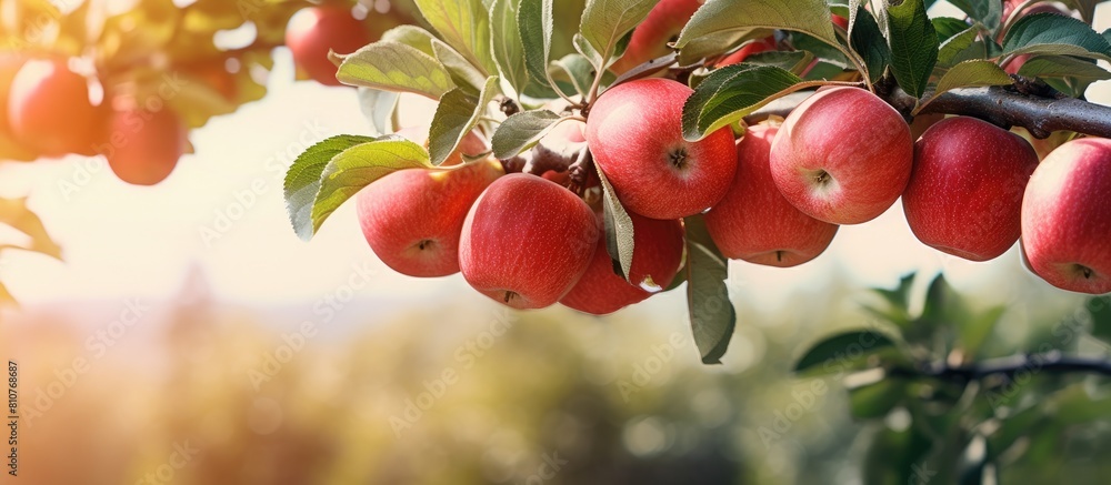 Poster A branch covered in red apples on an apple tree with space for adding text or graphics. Creative banner. Copyspace image