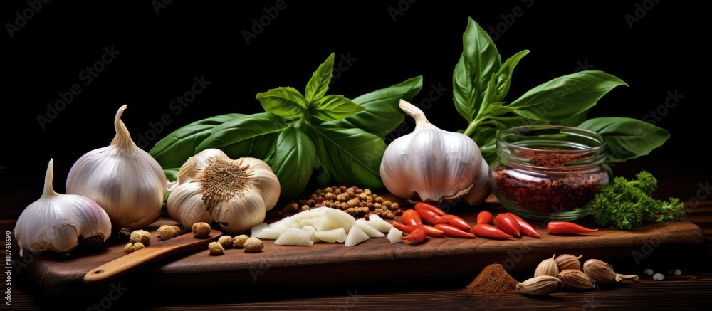 Poster a copy space image of mediterranean condiments and spices including garlic bulbs dried garlic and a 