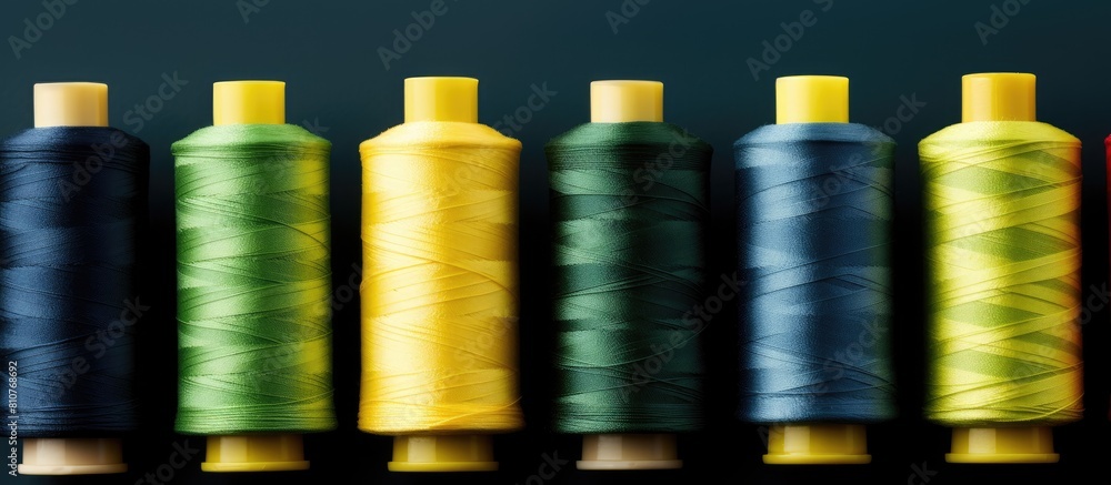 Poster A row of colorful sewing thread spools in blue yellow and green on denim with space for additional images or text