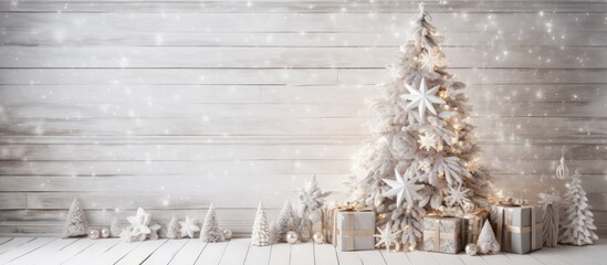 A rustic white driftwood advent Christmas tree decorated with stars snowflakes and gift boxes on a white wooden backdrop Perfect for the festive holiday season Christmas or New Year celebrations Copy
