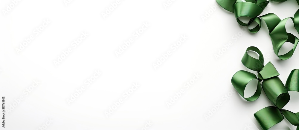 Poster a top down view of curly green gift ribbons on a white background creating a copy space image in the