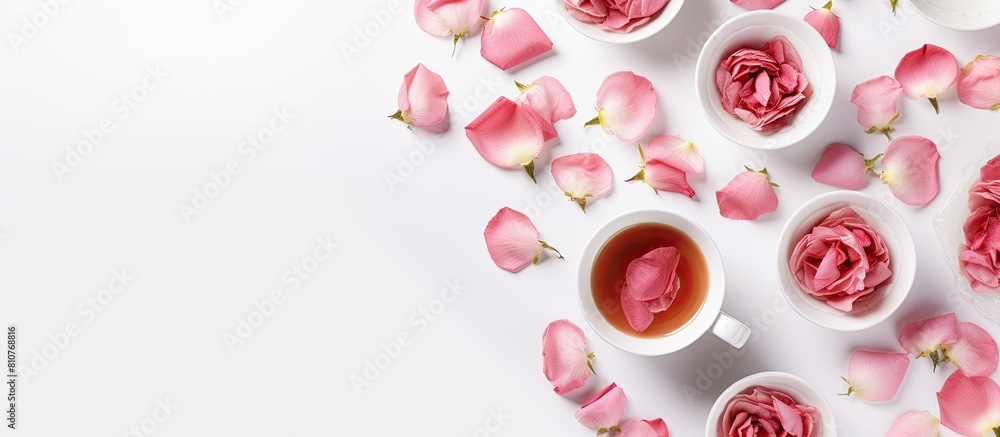 Poster a top down view of rose tea along with cups and a teapot is showcased on a light gray background the