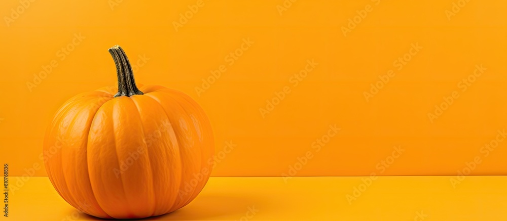 Poster yellow background with copy space image featuring a fresh whole orange pumpkin providing ample room 