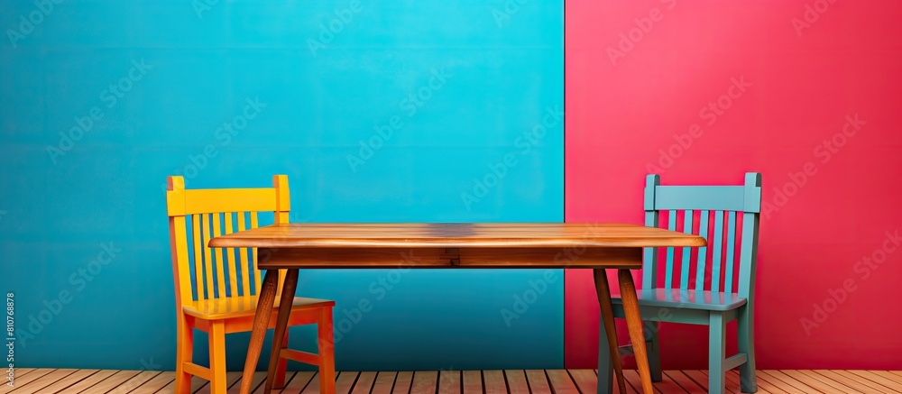 Poster A mockup for design purposes featuring an empty wooden table set against a vibrant and colorful background. Creative banner. Copyspace image