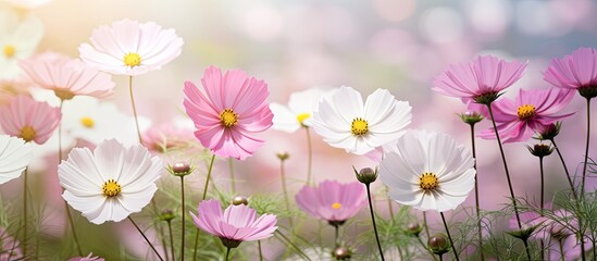 Fototapeta premium Softly blurred background with a close up view of pink and white cosmos flowers in a garden creating a serene copy space image