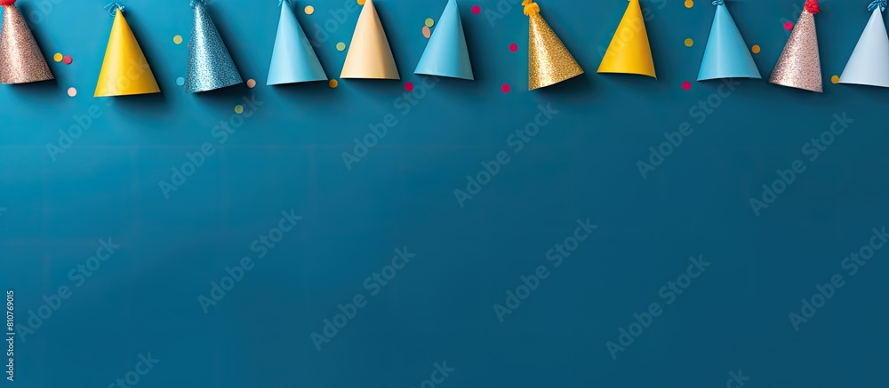 Poster a top down view of colorful birthday caps set against a vibrant blue background with ample copy spac