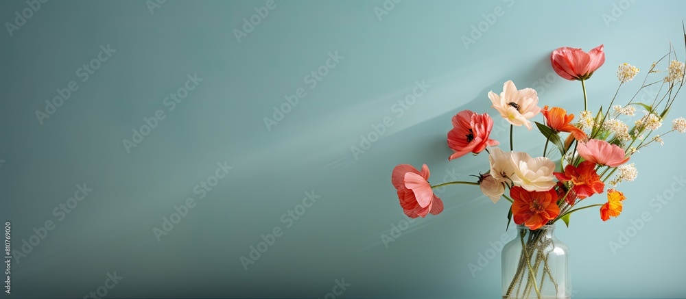 Aufkleber a spring themed image with vibrant flowers on a desk against a blurred wall background the shadows a