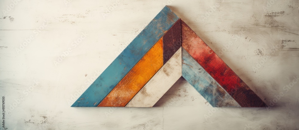 Poster An arrow shaped tangram puzzle is displayed on a textured vintage white wooden backdrop creating an artistic and nostalgic atmosphere in the copy space image