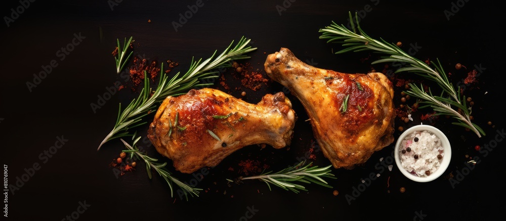 Poster a top down view of fried chicken legs garnished with rosemary garlic and chili with a blank space fo