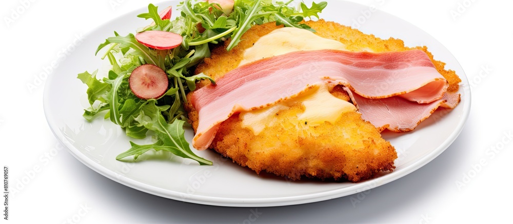 Aufkleber A Schnitzel Cordon bleu fillet cutlet with ham and cheese can be observed in an isolated setting against a white background We have a copy space image where the dish is showcased on its own enabling