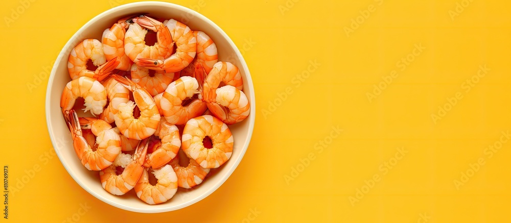 Poster A top down copy space image of shrimps in their shells arranged in a bowl on a yellow table