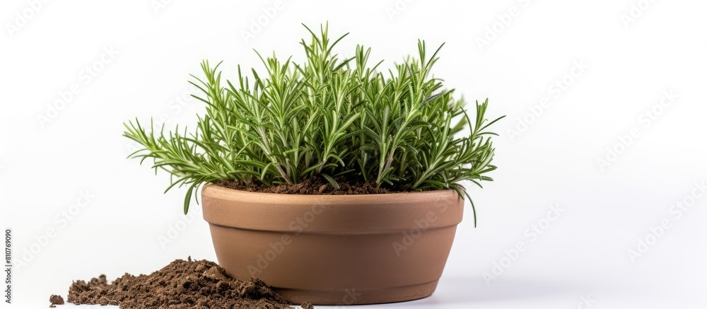 Poster a rosemary herb is planted in a clay pot with a white background offering copy space for text