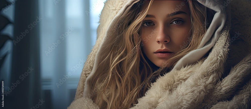 Poster An attractive girl wrapped in a warm blanket gazes out the window in a mesmerized fashion creating an ideal copy space image