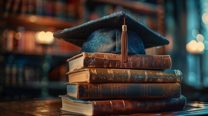 Close-up of a graduation cap placed on a stack of various hardcover books.