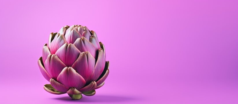 A fresh artichoke displayed in close range on a vibrant pink background with ample copy space for an image
