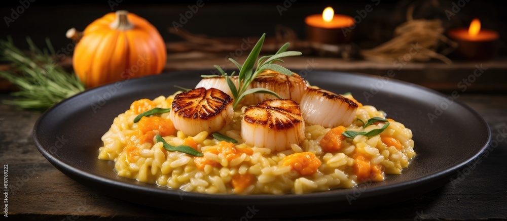 Aufkleber a copy space image of risotto with pumpkin and scallops presented on a rustic stone background