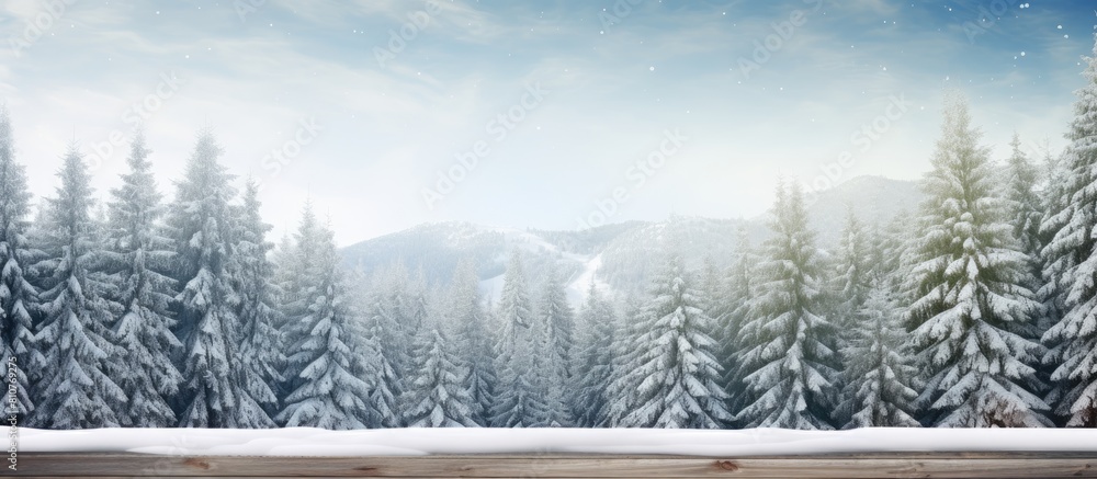 Poster Winter forest with snow and tall pine trees displaying an empty wooden table A scenic Christmas or winter backdrop with ample copy space ideal for product display templates