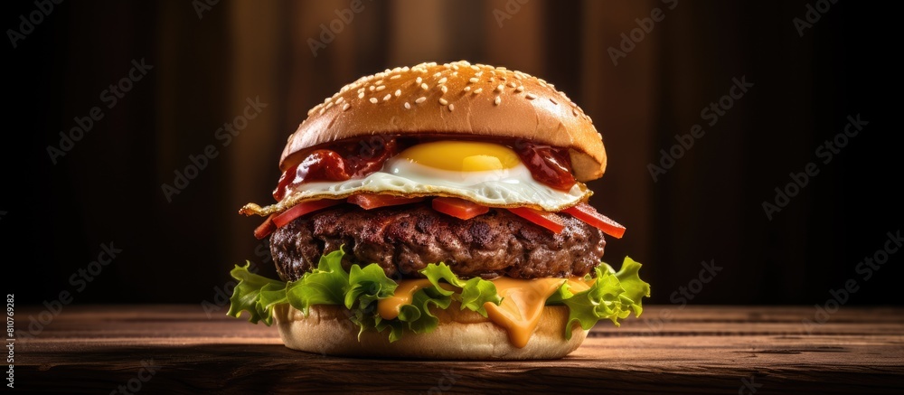 Poster a delicious egg burger showcased on a rustic wooden surface allowing for ample copy space in the ima