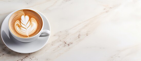 A mocha latte coffee sits in a mug on a white counter in a cafe creating a captivating copy space image