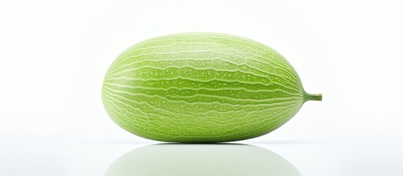 A single Galia Melon Charentais positioned alone and reflected on a pristine white background creating a copy space image