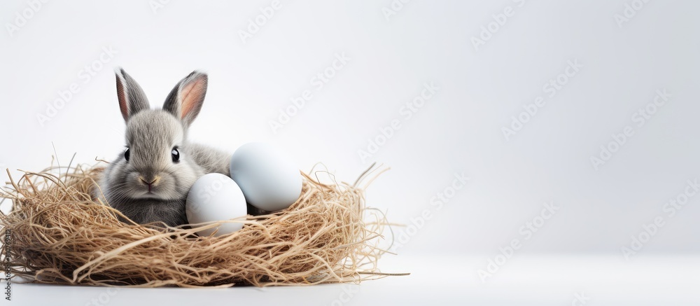 Aufkleber An Easter themed image featuring a toy rabbit a festive egg and a nest set against a serene white and gray backdrop Perfect for decorating a copy space image during the Easter season