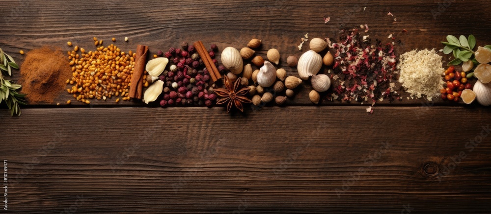 Poster A top down view of various spices and nuts arranged on a wooden table with ample empty space available for any accompanying text or captions