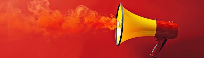 Make some noise! A yellow and red megaphone with orange smoke coming out of it.