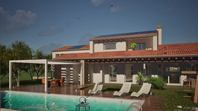 Modellazione 3D e video di edificio residenziale con piscina e bandiera al vento  Sweden