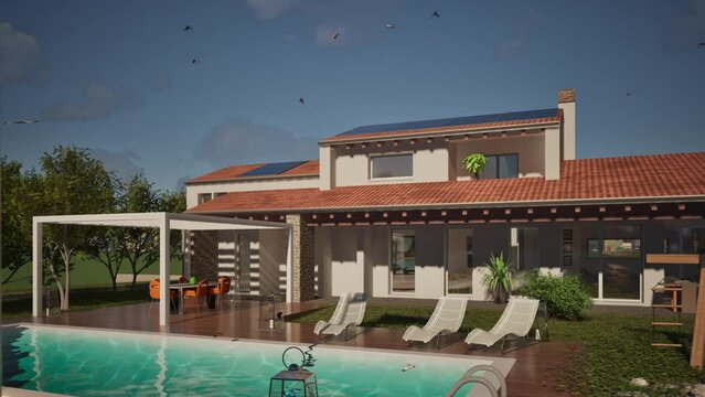 Modellazione 3D e video di edificio residenziale con piscina e bandiera al vento Switzerland