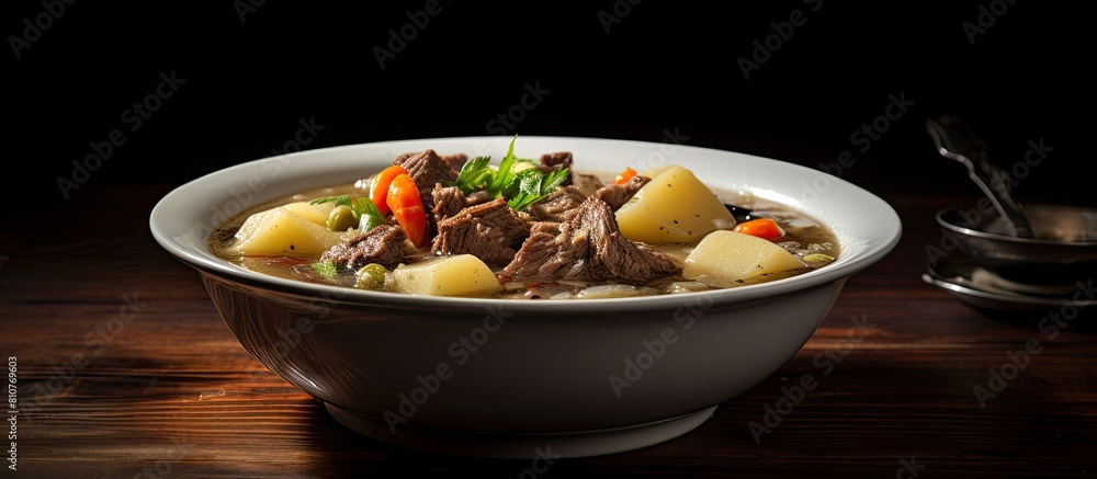 Aufkleber a white bowl of beef soup with chunks of meat potatoes and carrots ready for enjoying or photographi