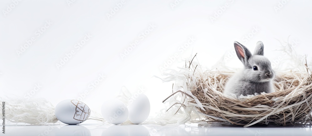 Poster An Easter themed image featuring a toy rabbit a festive egg and a nest set against a serene white and gray backdrop Perfect for decorating a copy space image during the Easter season