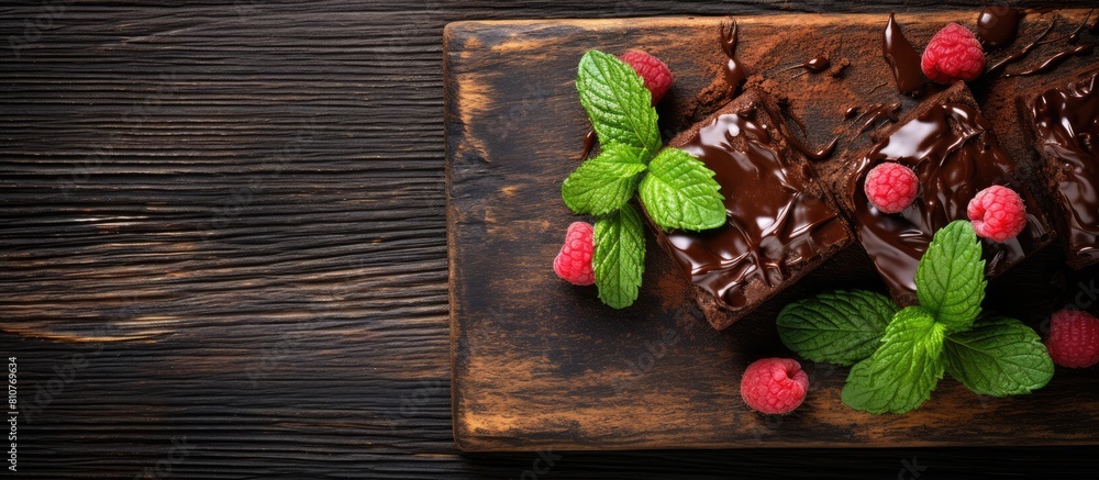 Poster A close up top view of square homemade brownies with a dark chocolate spread paste topped with raspberry and mint leaves These cocoa based sweets on a wooden table are a high calorie pastry and could