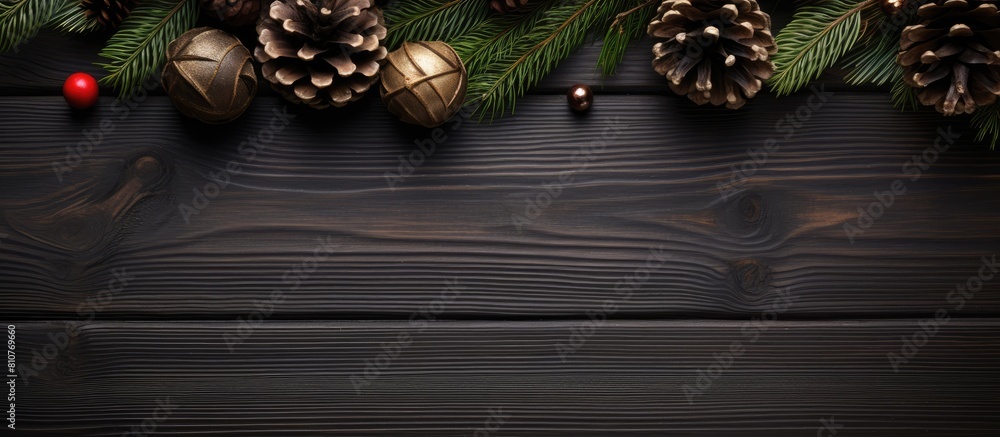 Poster A festive winter holiday design featuring a top down view of spruce branches cones and toys on a dark wooden background Ideal for adding text. Creative banner. Copyspace image
