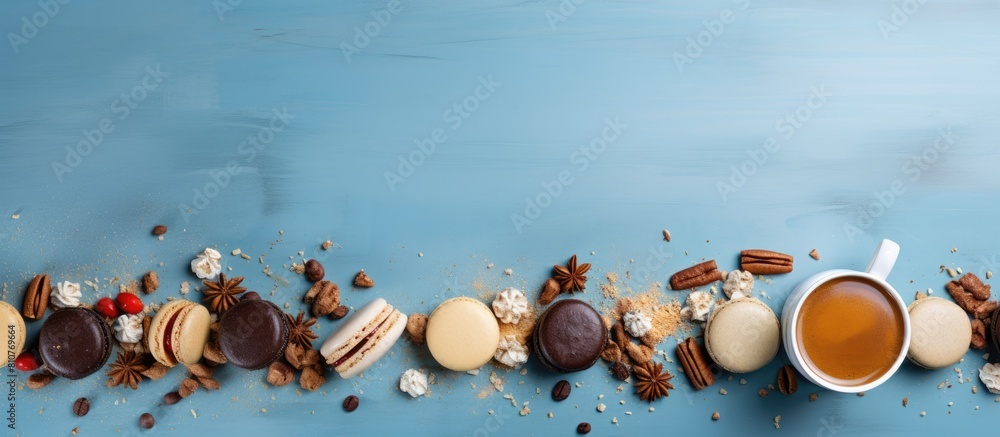 Poster a bird s eye view of delectable macaroons accompanied by coffee beans and nuts arranged on a blue co