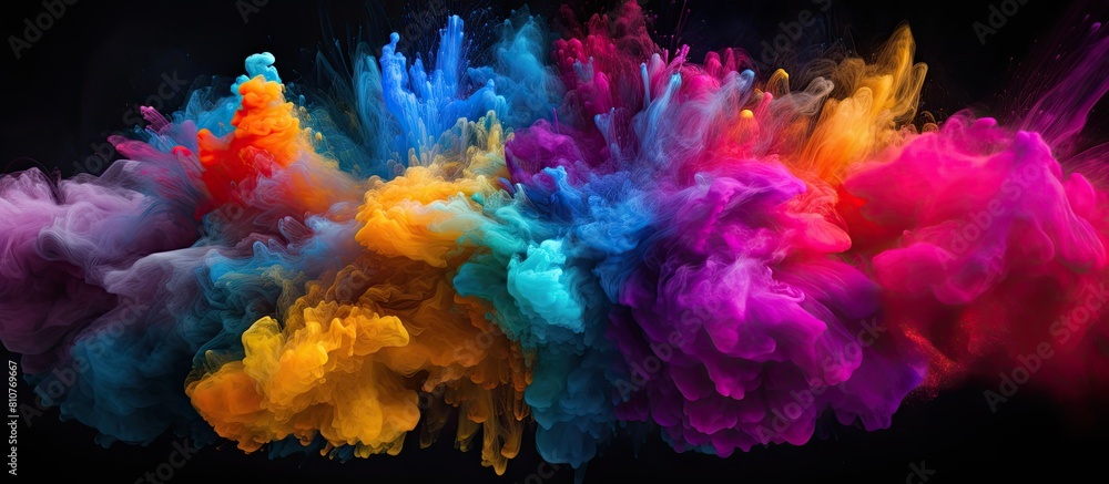 Aufkleber Colorful powder exploding creating an abstract pattern on a black background The freeze motion captures the vibrant energy of the image. Creative banner. Copyspace image