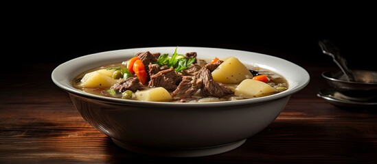 A white bowl of beef soup with chunks of meat potatoes and carrots ready for enjoying or photographing with copy space