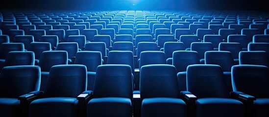 Rows of blue seats in a cinema hall providing seating for spectators Copy space image