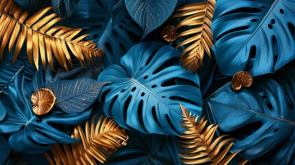 Jungle-inspired Monstera leaves and ferns, radiating luxury in blue and gold tones, exotic rainforest vibes with ornamental plant accents