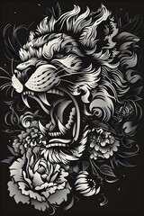 Fierce and Fearsome Tattoo Inspired Tiger in Bold Monochrome Graphics