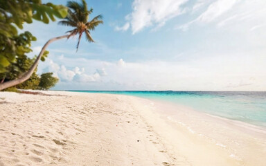 Beautiful tropical beach with white sand, palm trees,  blue ocean against sky with clouds on sunny summer day, island of Maldives.