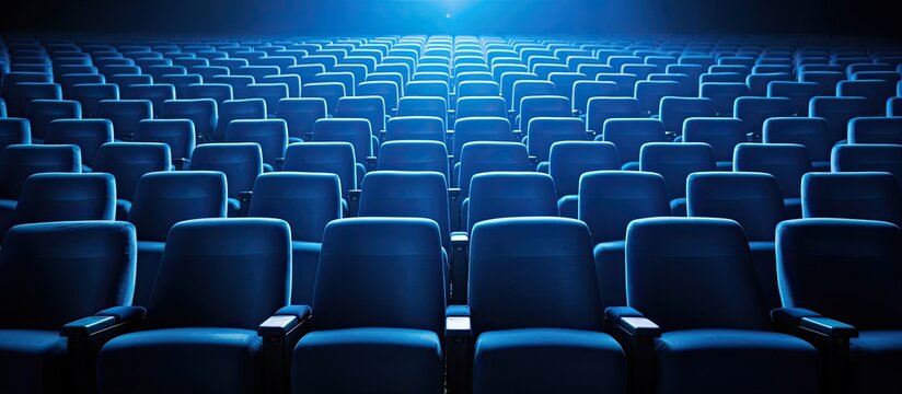 Rows of blue seats in a cinema hall providing seating for spectators Copy space image