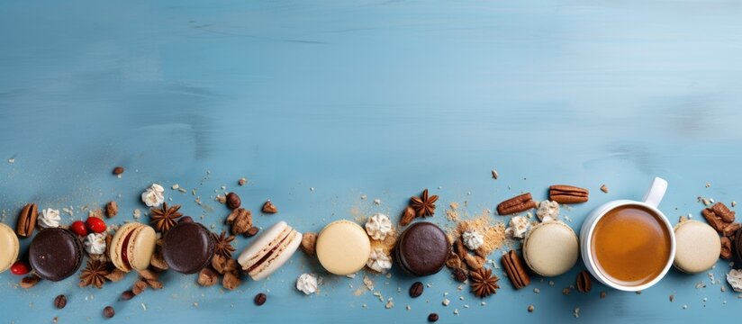 A bird s eye view of delectable macaroons accompanied by coffee beans and nuts arranged on a blue concrete backdrop that provides ample space for text or graphics