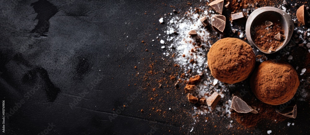 Poster a top view of a chocolate truffle candy on a dark stone background adorned with cacao powder chocola