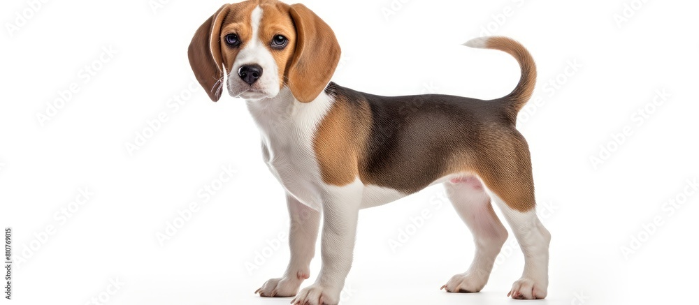 Poster The cute beagle with its white and brown fur bends its head towards the left side and stands on its hind legs It stands in front of a white background providing copy space for text and advertisements