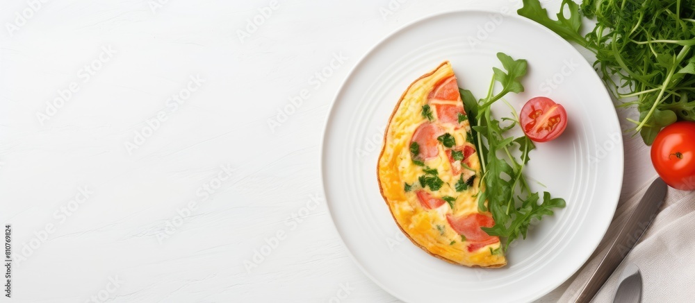 Aufkleber a top view of a white plate with a breakfast spread includes an omelette filled with radish and gree