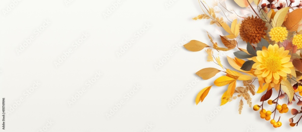 Leinwandbilder a greeting card with a floral design for autumn featuring a border of yellow leaves on a white surfa