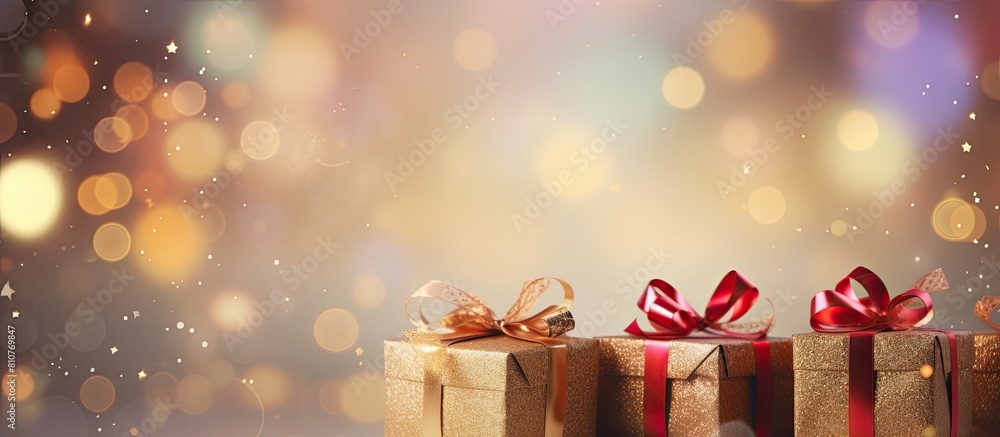 Poster A festive scene of Christmas decorations including gift boxes a New Year tree and confetti on a blurred background with copy space image