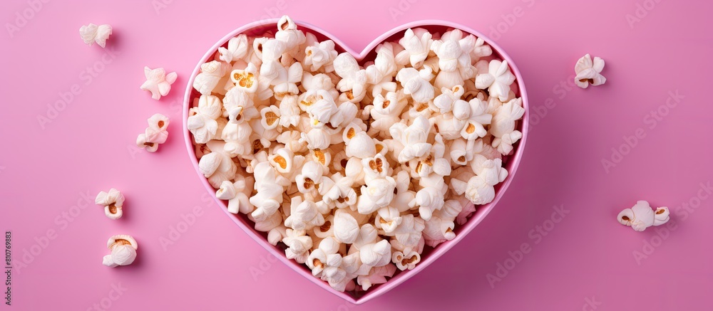 Poster a close up shot of a wooden heart shaped box of popcorn on a pink background viewed from the top wit